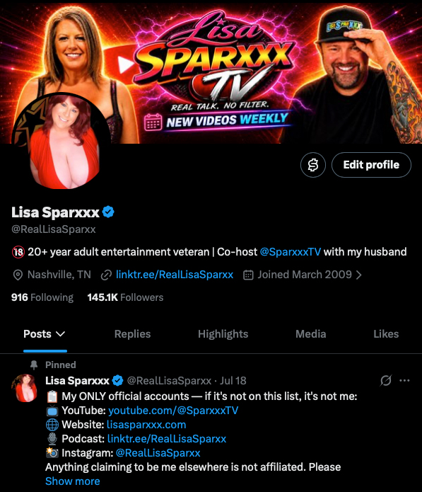 Lisa Sparxxx Official X Account - @RealLisaSparxx